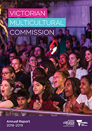 Victorian Multicultural Commission Annual Report 2018-19 cover, an audience of people at a night time concert