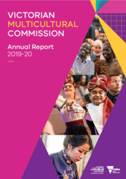 Victorian Multicultural Commission Annual Report 2019-20 cover, brightly coloured shapes with different people in cultural dress. 