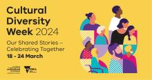 Image of diverse cartoon people with the text 'Cultural Diversity Week. Our Shared Stories - celebrating together. 18 - 24 March.'